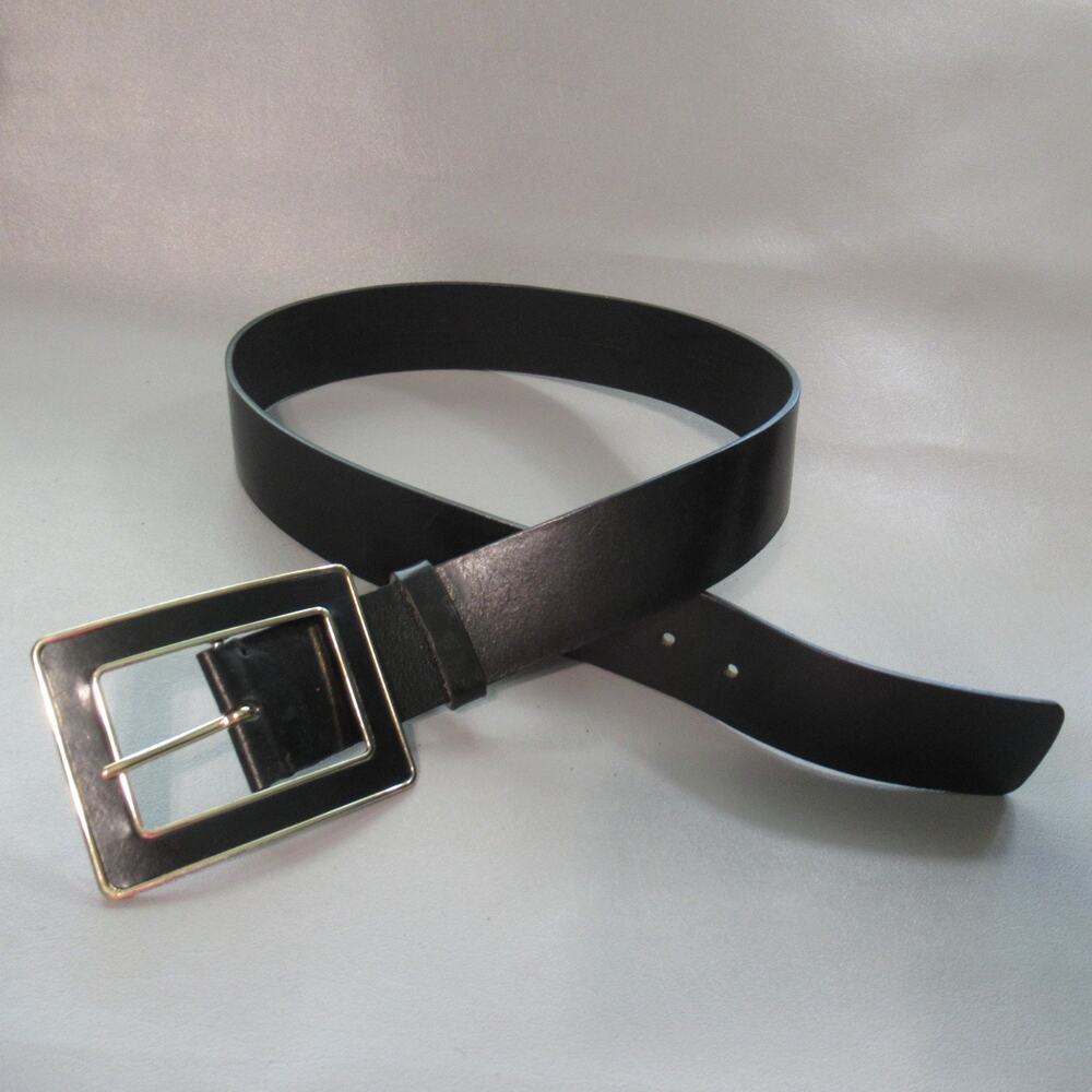 Vintage Banana Republic Waist Belt S Black Smooth Wide Gold Tone Inlay Buckle